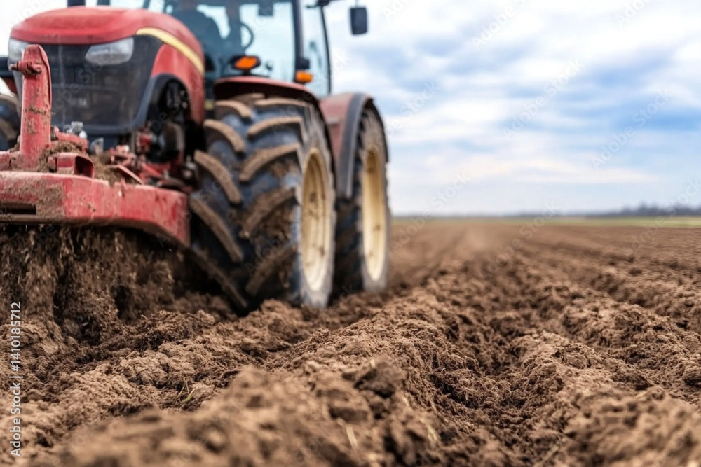 Farmer plowing a field with a tractor in an agricultural landscape under a cloudy sky Farmer plowing a field with a tractor in an agricultural landscape under a cloudy sky
