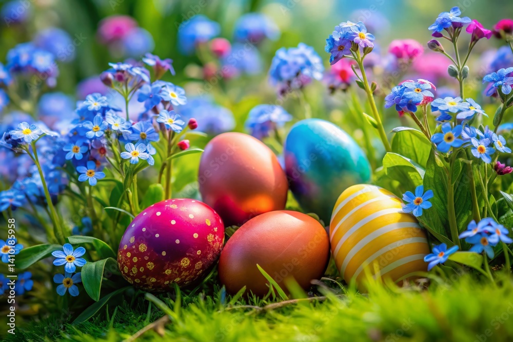 Vibrant Easter Eggs, Emerald Green Lawn, Forget-Me-Nots & Spring Artwork Vibrant Easter Eggs, Emerald Green Lawn, Forget-Me-Nots & Spring Artwork