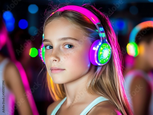 Silent disco party with headphones and glowing wristbands