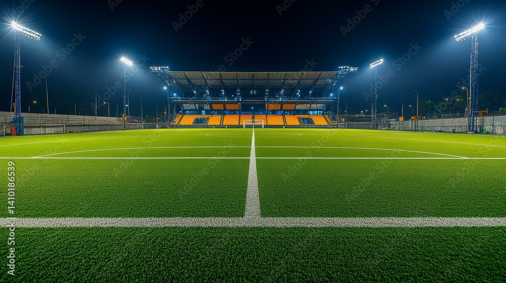 Obraz premium Empty football field under night lights, wide-angle view from the ground. The quiet drama of anticipation before the game.
