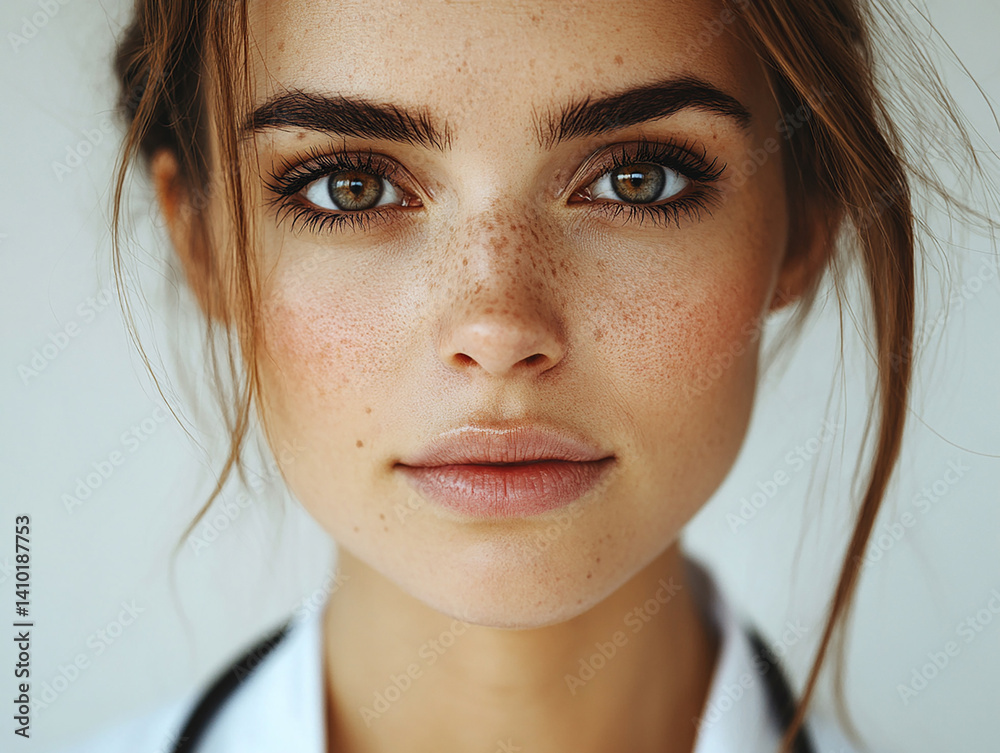 Beautiful woman close-up, doctor nurse care portrait close-up