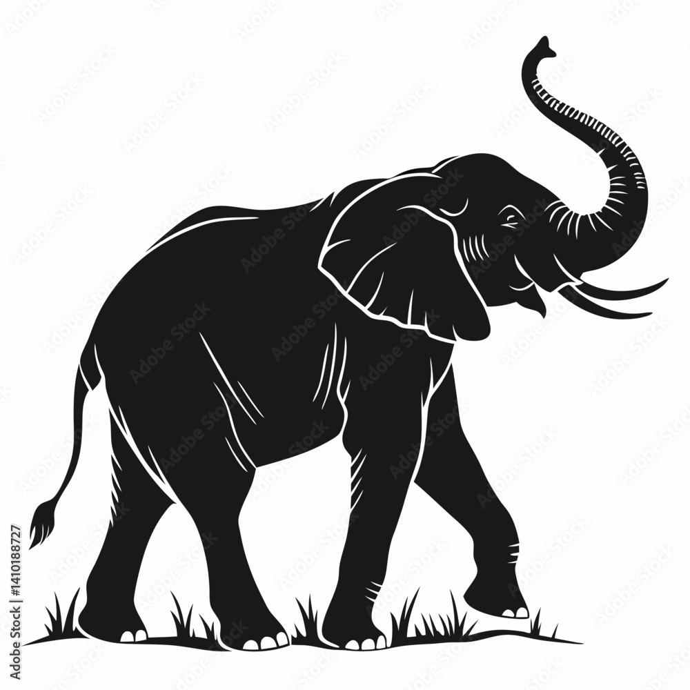 Obraz premium Elegant Black Elephant Silhouette Walking With Trunk Upwards Isolated On White Background Design Resource