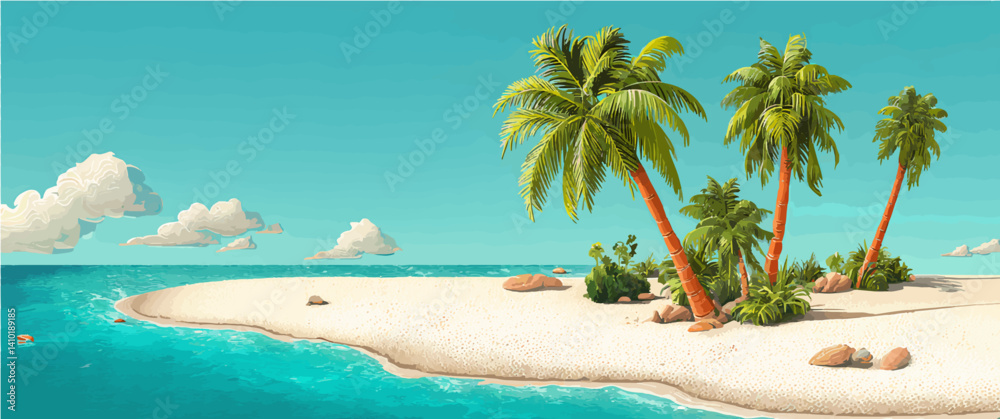 Obraz premium Peaceful Tropical Island with Palm Trees and Crystal Clear Waters Background or Wallpaper