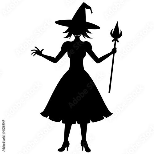 Silhouette Of A Wicked Witch With A Hat And Staff On White Background For Halloween Holiday Celebration