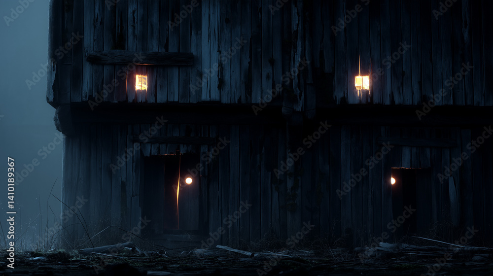 Fototapeta premium Haunted wooden house with warped architecture, glowing cracks between planks as if breathing, windows shaped like hollow eyes, mist crawling from the foundation