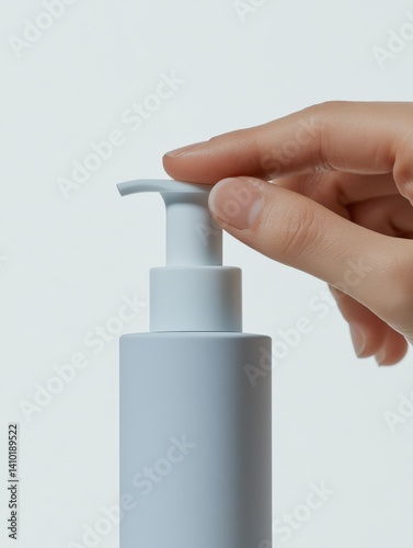 Hand pressing pump of a gray cosmetic bottle on a light background during a skincare routine session