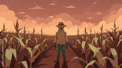 The field stretches out endlessly the only signs of life being the occasional shriveled stalks of corn and the lonely scarecrow guarding them. Its faded patched clothes tell a. Vector illustration