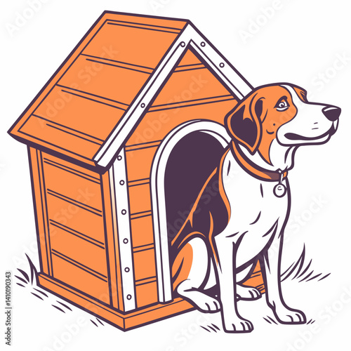 Cartoon Dog In Orange Doghouse Illustration Vector Graphic For Pet Supplies And Home Decor Designs Charming Animal Clip Art