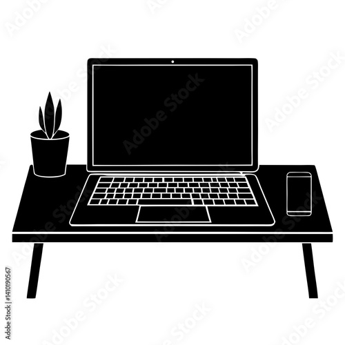 Minimalist Workspace With Laptop Plant And Smartphone On A Desk Silhouette For Business Or Creative Projects