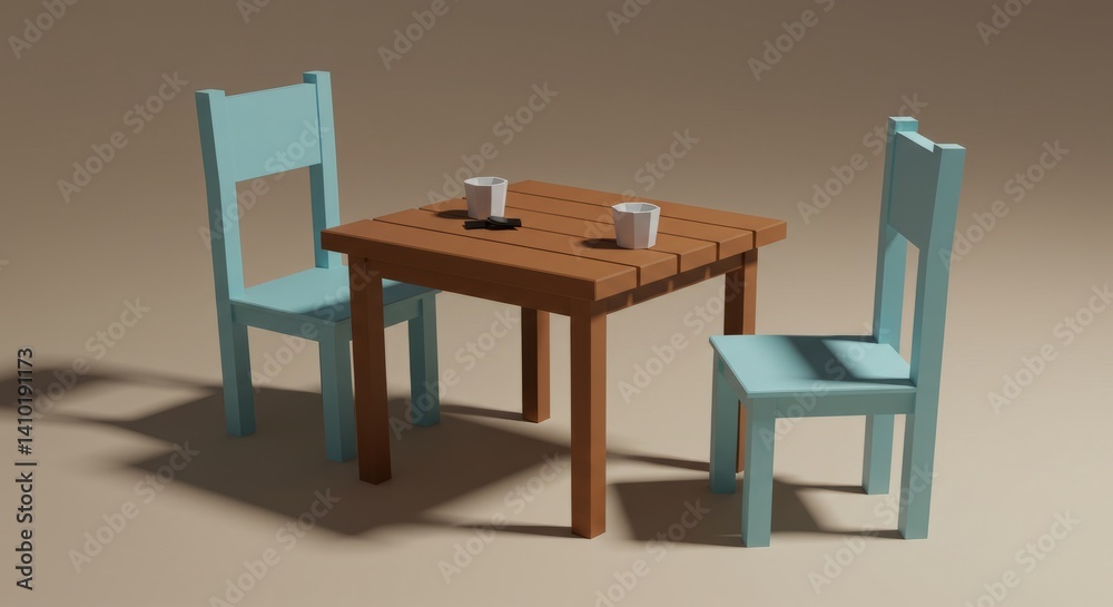 Low Poly Rendering Of A Simple Wooden Table And Two Light Blue Chairs Low Poly Rendering Of A Simple Wooden Table And Two Light Blue Chairs