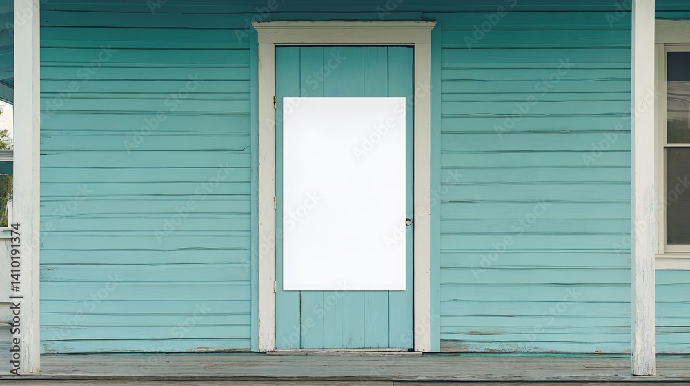 Fototapeta premium Blank Sign on Turquoise Wooden House Door