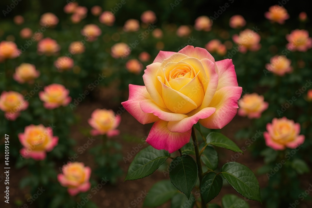 Vibrant yellow and pink rose blooms among many similar roses in garden Vibrant yellow and pink rose blooms among many similar roses in garden