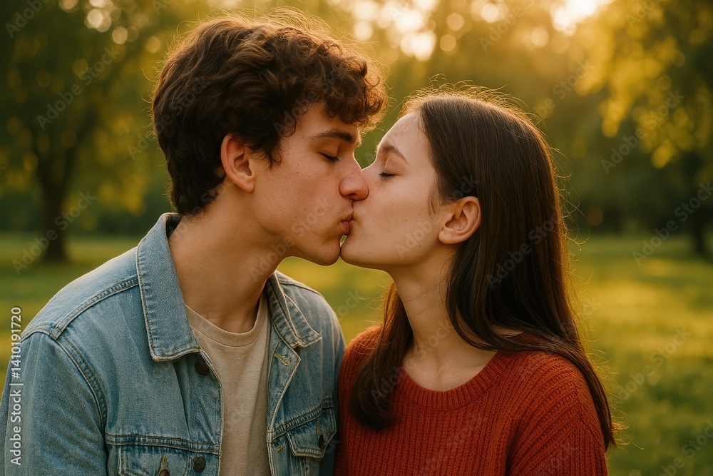 Young couple kissing outdoors during golden hour in park Young couple kissing outdoors during golden hour in park