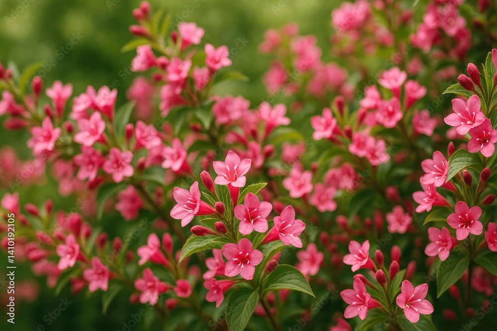 Bright pink flowers blooming on vibrant green bushes in garden Bright pink flowers blooming on vibrant green bushes in garden