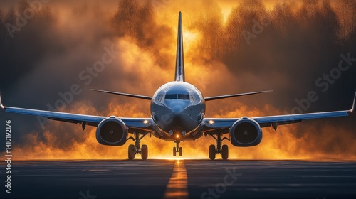 Airplane taking off at sunset with dramatic clouds and smoke in the background
