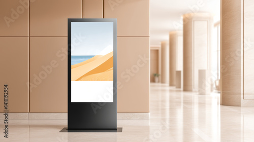Digital totem displays an image in lobby, feeling modern