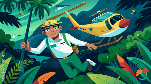 With a compassionate heart and advanced aerial skills the air taxi pilot maneuvers through a dense jungle locating and rescuing a group of endangered scientists stranded deep. Vector illustration
