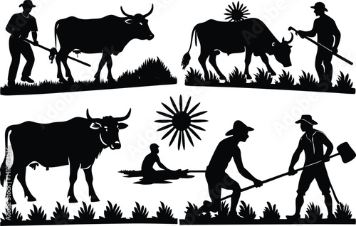A farmer silhouette plowing a field with an ox under a rising sun — sweat dripping, head bowed, but determination in posture.

