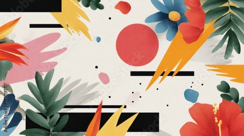 Striking contrast, vibrant colorful floral pattern intertwined with bold black and white stripes