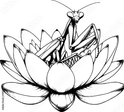 raying mantis on a lotus, isolated on white