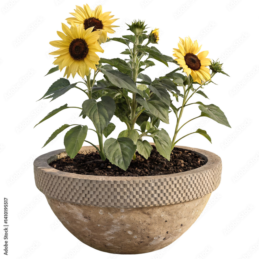 Obraz premium Bright Yellow Sunflowers in Textured Stone Pot, Isolated on White Background