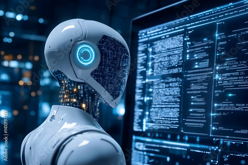 Ai robot analyzing code on a computer screen closely
