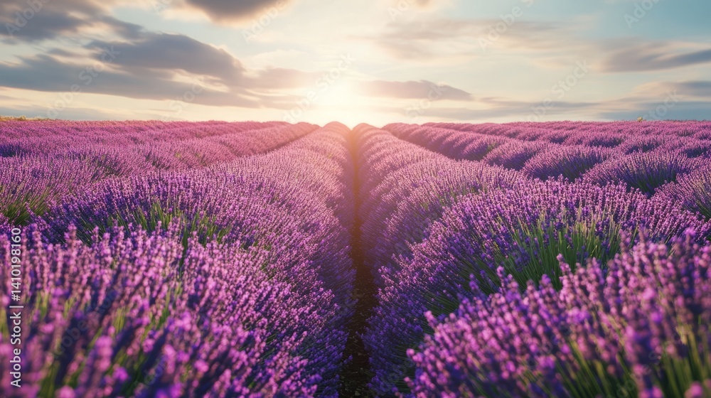 Naklejka premium Stunning purple lavender field in provence at sunrise, creating a picturesque landscape with a mountain range in the background 