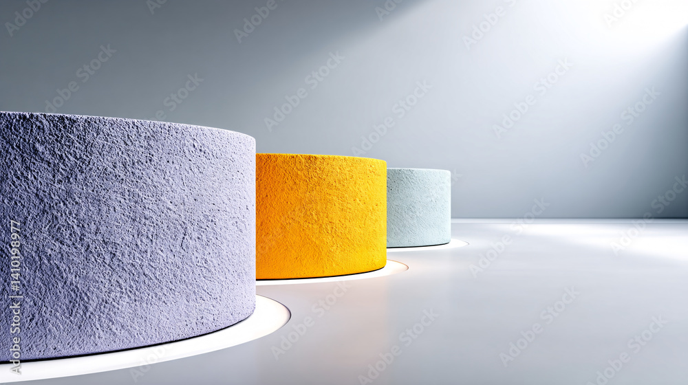 Obraz premium close up of minimalist geometric shapes featuring textured cylindrical forms in pastel colors, creating modern and artistic atmosphere