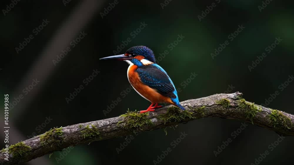 Vibrant Kingfisher Perched on Mossy Branch Against Dark Background Vibrant Kingfisher Perched on Mossy Branch Against Dark Background