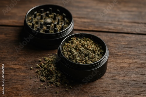 Cannabis grinder filled with ground marijuana on wooden surface