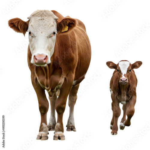 Brown cow standing beside a young calf, both facing forward