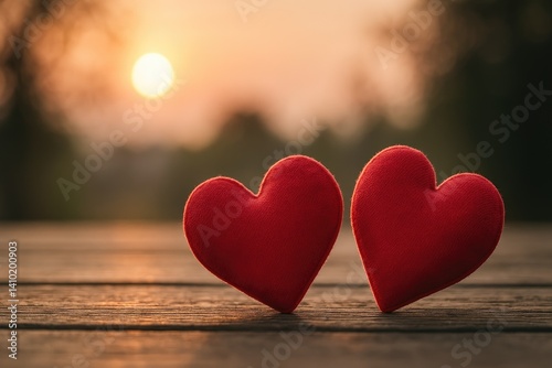Two red hearts on wooden surface at sunset, symbolizing love and romance