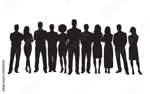 Vector silhouettes of men and a women, a group of standing business people, black color isolated on white background