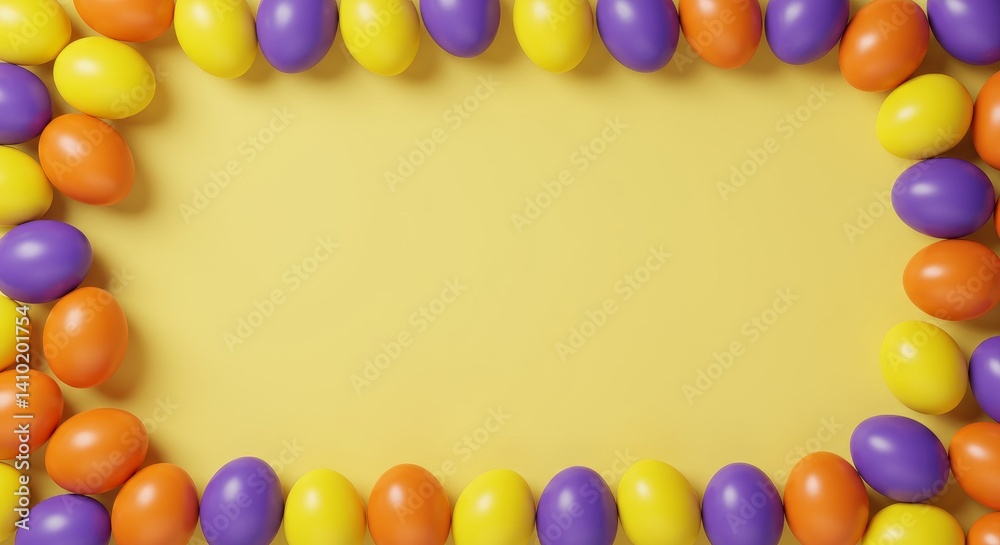 Obraz premium Colorful Easter Eggs Frame - Festive Easter border of yellow, purple, and orange eggs. Symbolizes spring, new beginnings, celebration, hope, and joy