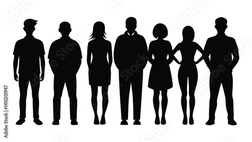 Vector silhouettes of men and a women, a group of standing business people, black color isolated on white background
