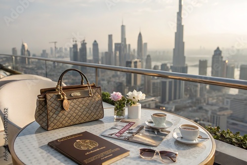Enjoying a morning coffee with a stylish bag and breathtaking city views from a high-rise terrace.