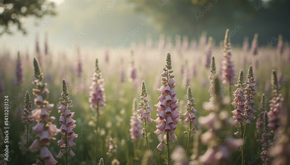 Lush meadow blooms with pink, apricot, and lavender foxgloves swaying gently in morning light. Lush meadow blooms with pink, apricot, and lavender foxgloves swaying gently in morning light.