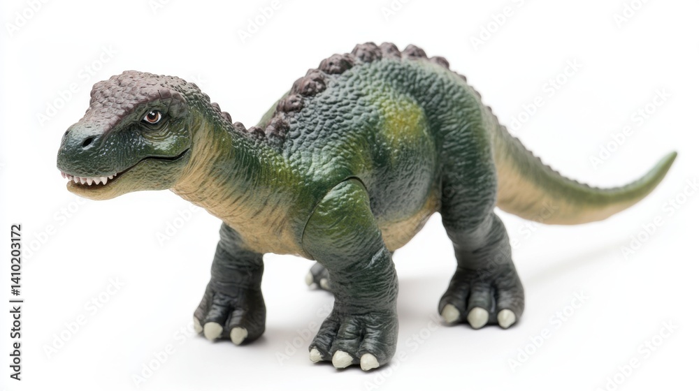 Obraz premium A realistic toy dinosaur isolated on white, front view, well-lit