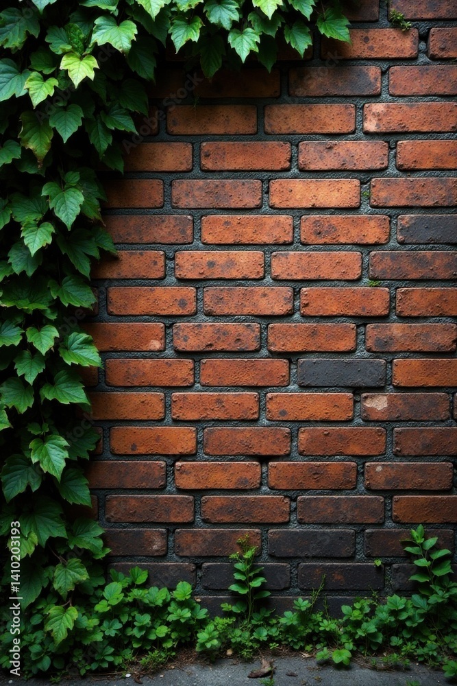 Weathered brick wall with overgrown ivy and dark grunge texture, urban, bleak Weathered brick wall with overgrown ivy and dark grunge texture, urban, bleak