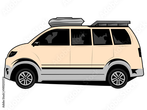 Flat vector illustration of a beige camper minivan with rooftop storage and luggage rack. Suitable for family travel, vanlife, and outdoor themes.