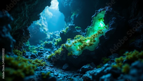 Fractured obsidian geodes reveal glowing moss within a dark cavern, showcasing crystalline structures and soft light.