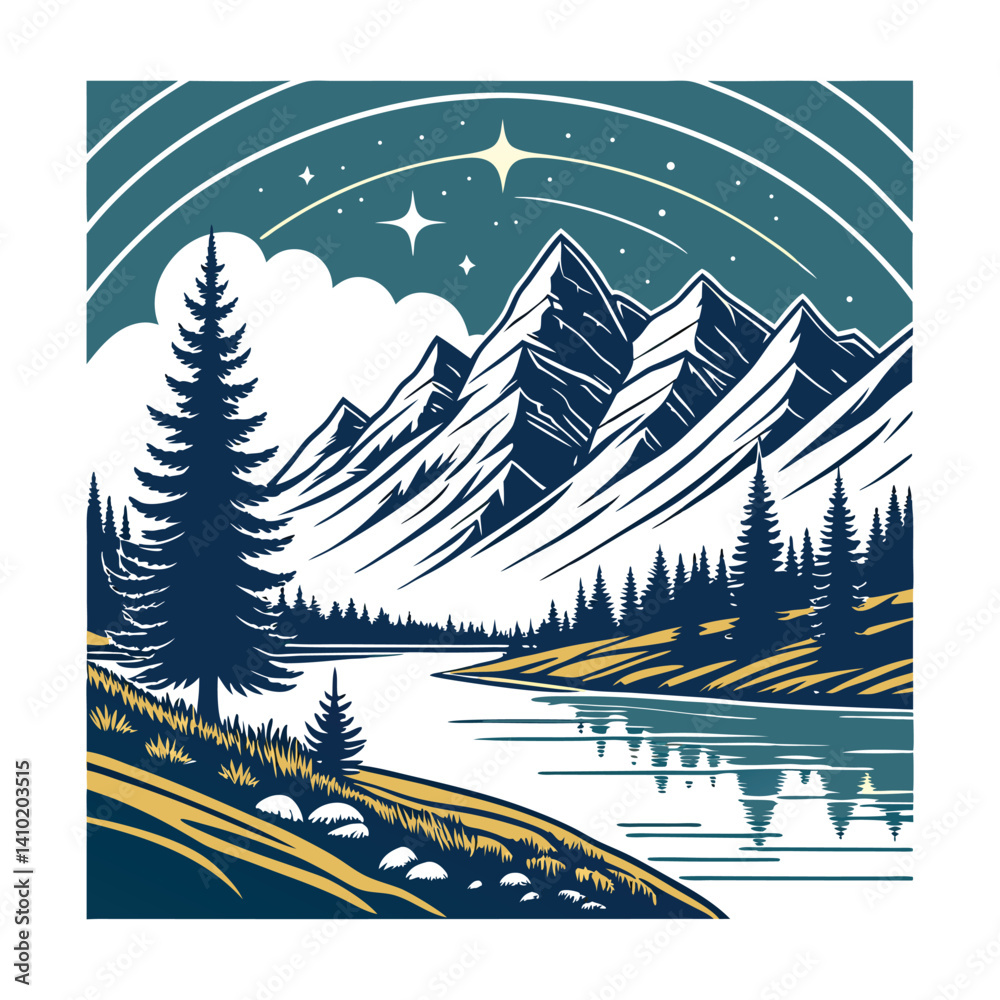 Fototapeta premium Mountain Landscape with Lake, T shirt logo, shirt design, Pine Trees, and Starry Night Sky - Vintage Style Vector Illustration .