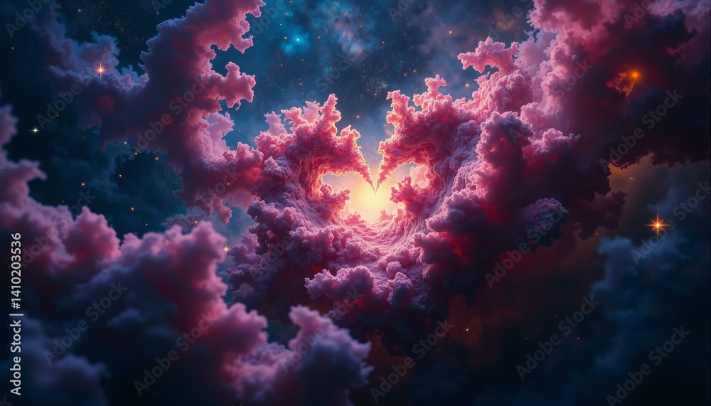 Obraz premium Swirling cosmic dust, nebula, coral reef patterns, newborn stars, violet gas clouds, gold filaments.