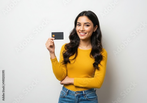 Smiling woman in yellow shirt holding a black credit card against a plain white background showing card