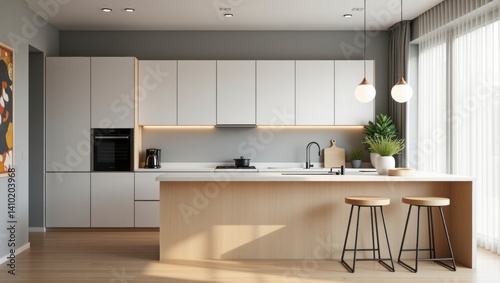 Stylish scandinavian kitchen with bold acrylic art and open design creating a bright and inviting cooking space