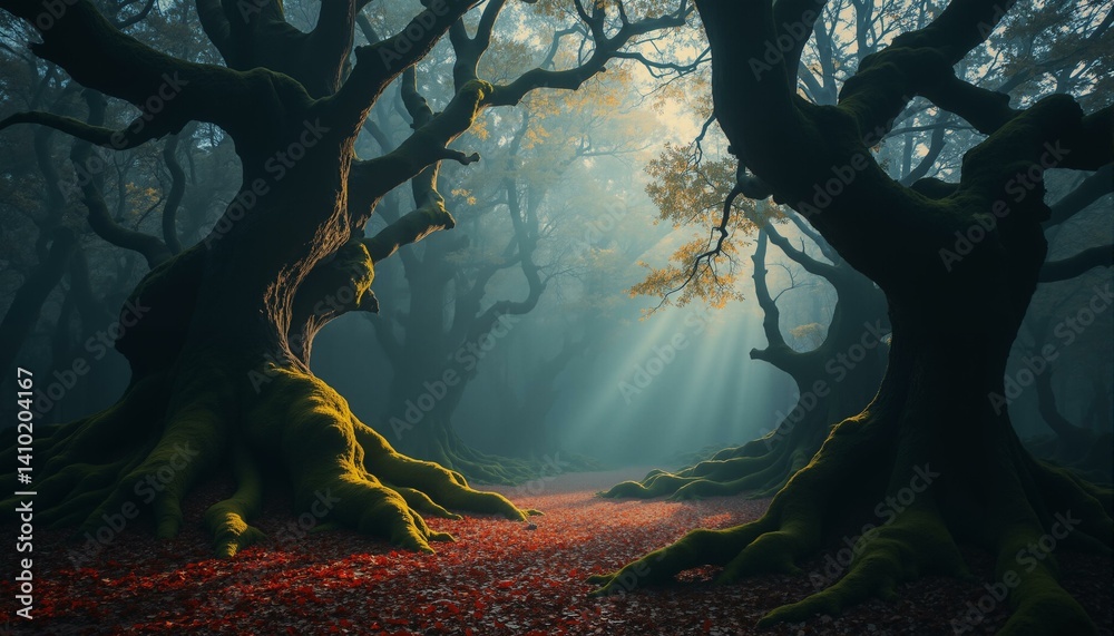 Obraz premium Ancient beech trees with moss, fallen leaves, twilight forest scene, mysterious, melancholic mood.