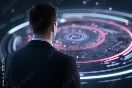 CEO presenting AIintegrated vision via floating infographics and KPIs, business of the future, 3D illustration photo