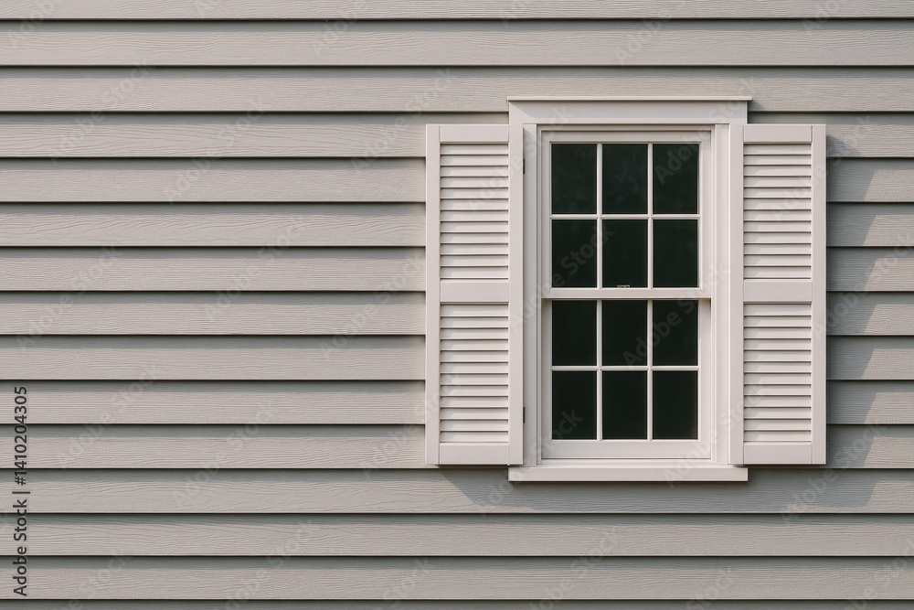 White-framed window with shutters on gray siding wall White-framed window with shutters on gray siding wall