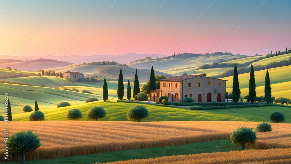 Idyllic Tuscany Landscape: Farmhouse Villa, Cypress Trees & Rolling Hills at Sunrise Idyllic Tuscany Landscape: Farmhouse Villa, Cypress Trees & Rolling Hills at Sunrise
