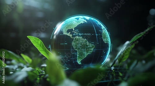 Clevel team exploring sustainability strategy with holographic earth and data points, green tech focus, 3D illustration photo